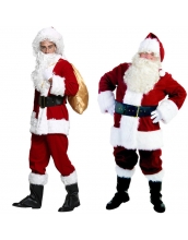 クリスマス コスチューム サンタクロース豪華フルセット ウィッグ+帽子+メガネ+口髭+トップス+グローブ+パンツ+ベルト+ブーツ+プレゼント袋 10点セット qx10040-1